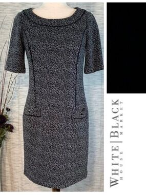White House Black Market black and white tweed style short sleeve sheath dress.